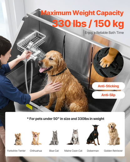 Electric Lift Dog Washing Station, 50 inch Professional Stainless Steel Pet Grooming Tub w/ PE Water Filter Board, Faucet & Showerhead Dog Bathtub Washing Sink for Multiple Pets (Left Door)