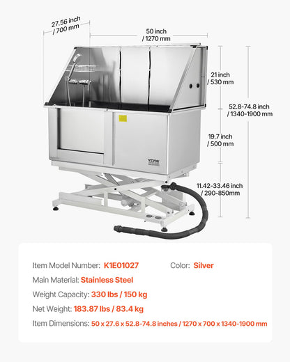 Electric Lift Dog Washing Station, 50 inch Professional Stainless Steel Pet Grooming Tub w/ PE Water Filter Board, Faucet & Showerhead Dog Bathtub Washing Sink for Multiple Pets (Left Door)