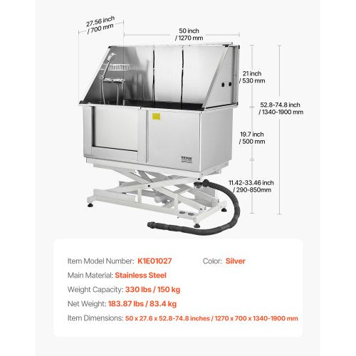 127 cm electric dog grooming tub in stainless steel with water filter left | EU