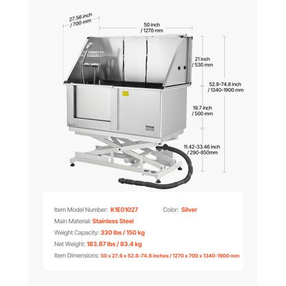 127 cm electric dog grooming tub in stainless steel with water filter left | EU