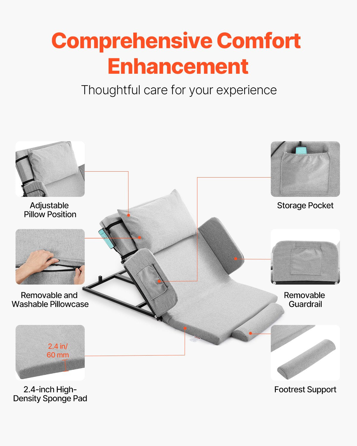 Electric Lifting Backrest for Bed, 300 lbs Capacity, 4-68° Adjustable Lifting Bed Backrest, with Guardrail Armrest & Storage Pouch, Machine Washable, for Pregnant Women Elderly Patient Handicap