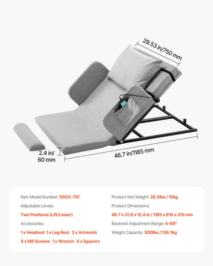 Electric Lifting Backrest for Bed, 300 lbs Capacity, 4-68° Adjustable Lifting Bed Backrest, with Guardrail Armrest & Storage Pouch, Machine Washable, for Pregnant Women Elderly Patient Handicap