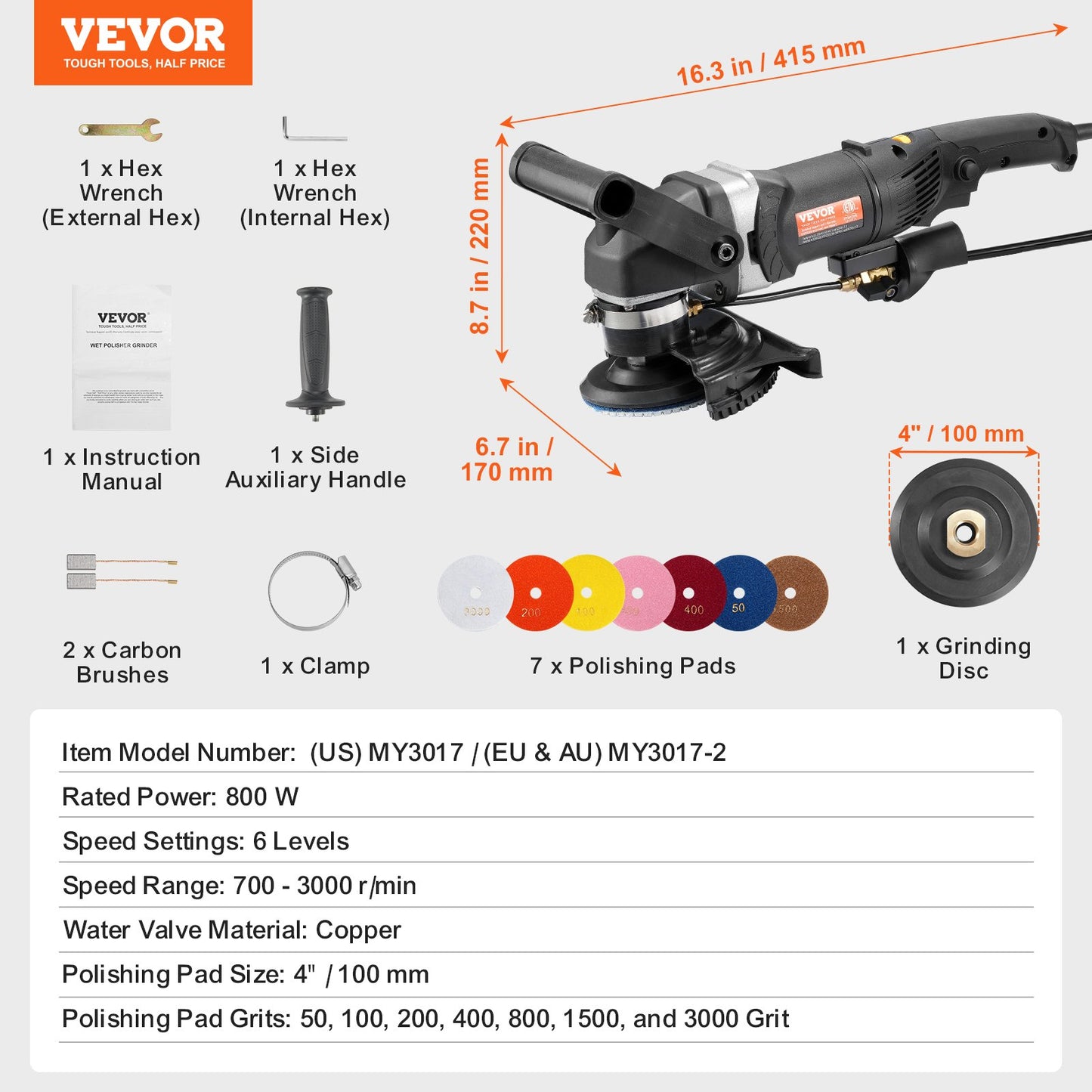 Wet Polisher 800W, 4" Concrete Grinder with 6 Variable Speed and 7 Polishing Kits, Wet Grinder Machine for Marble, Granite, Stone, Rock, Tile, Equipped with a GFCI Switch, (700 - 3000 RPM)