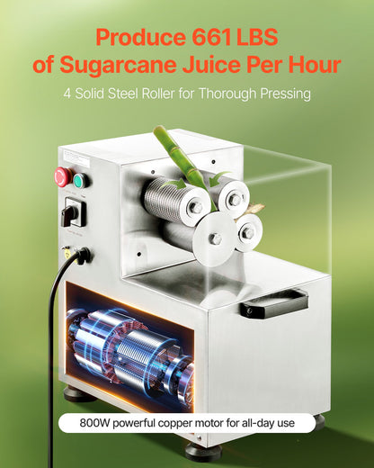 Commercial Sugar Cane Juicer, 800W Electric Sugarcane Juicer Machine with 661LBS/H High Output, 4 Stainless Steel Rollers, Sugar Cane Press Juice Extractor Squeezer for Home/Commercial Use