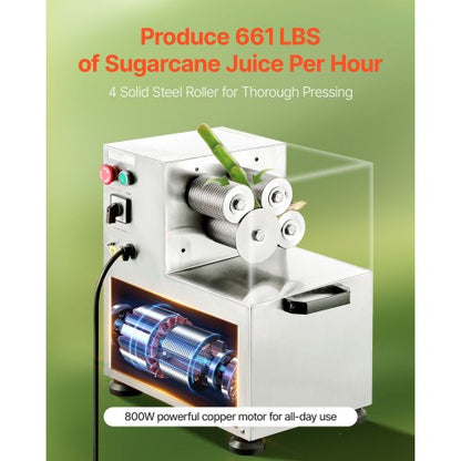 800W Commercial Electric Sugarcane Juicer 661LBS/H 4 Rollers 2.4" Inlet