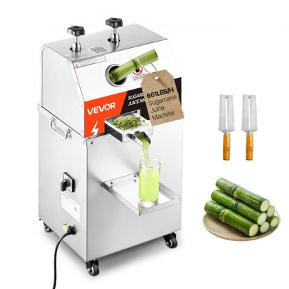 Commercial Sugar Cane Juicer, 750W Electric Sugarcane Juicer Machine with 661LBS/H High Output, 3 Stainless Steel Rollers, Sugarcane Juice Press Extractor Squeezer on Wheels for Home/Commercial