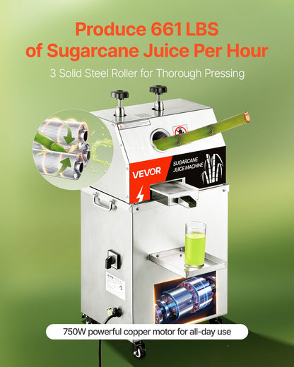 Commercial Sugar Cane Juicer, 750W Electric Sugarcane Juicer Machine with 661LBS/H High Output, 3 Stainless Steel Rollers, Sugarcane Juice Press Extractor Squeezer on Wheels for Home/Commercial