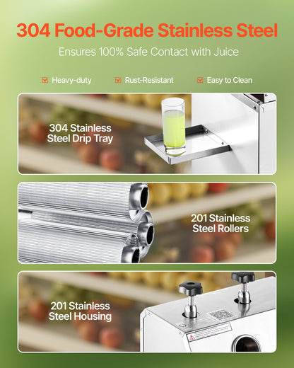 Commercial Sugar Cane Juicer, 750W Electric Sugarcane Juicer Machine with 661LBS/H High Output, 3 Stainless Steel Rollers, Sugarcane Juice Press Extractor Squeezer on Wheels for Home/Commercial