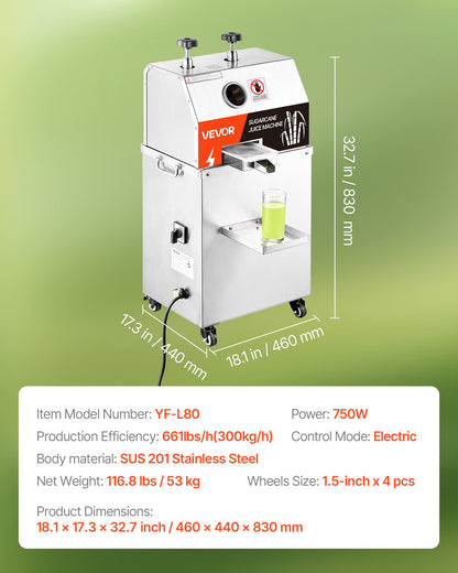 Commercial Sugar Cane Juicer, 750W Electric Sugarcane Juicer Machine with 661LBS/H High Output, 3 Stainless Steel Rollers, Sugarcane Juice Press Extractor Squeezer on Wheels for Home/Commercial