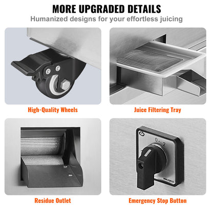750W elektrisk sockerrörsjuicer 661LBS/H Utgång 3 rullar 2,4" stort inlopp