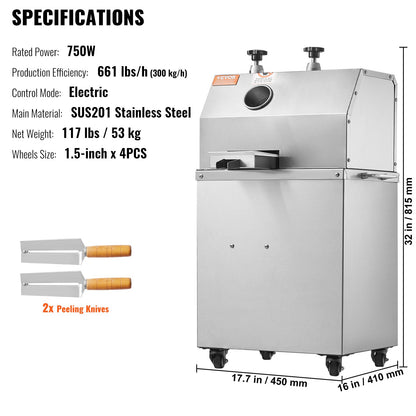 750W elektrisk sockerrörsjuicer 661LBS/H Utgång 3 rullar 2,4" stort inlopp