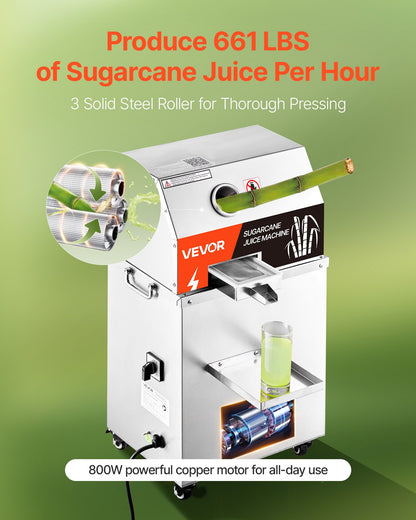 Commercial Sugar Cane Juicer, 800W Electric Sugarcane Juicer Machine with 661LBS/H High Output, 3 Stainless Steel Rollers, Sugar Cane Press Juice Extractor Squeezer on Wheels for Home/Commercial