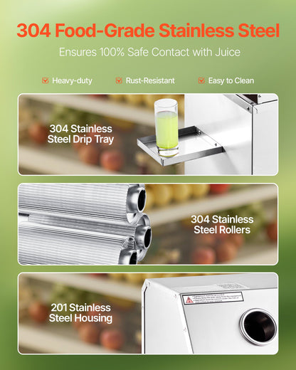 Commercial Sugar Cane Juicer, 800W Electric Sugarcane Juicer Machine with 661LBS/H High Output, 3 Stainless Steel Rollers, Sugar Cane Press Juice Extractor Squeezer on Wheels for Home/Commercial