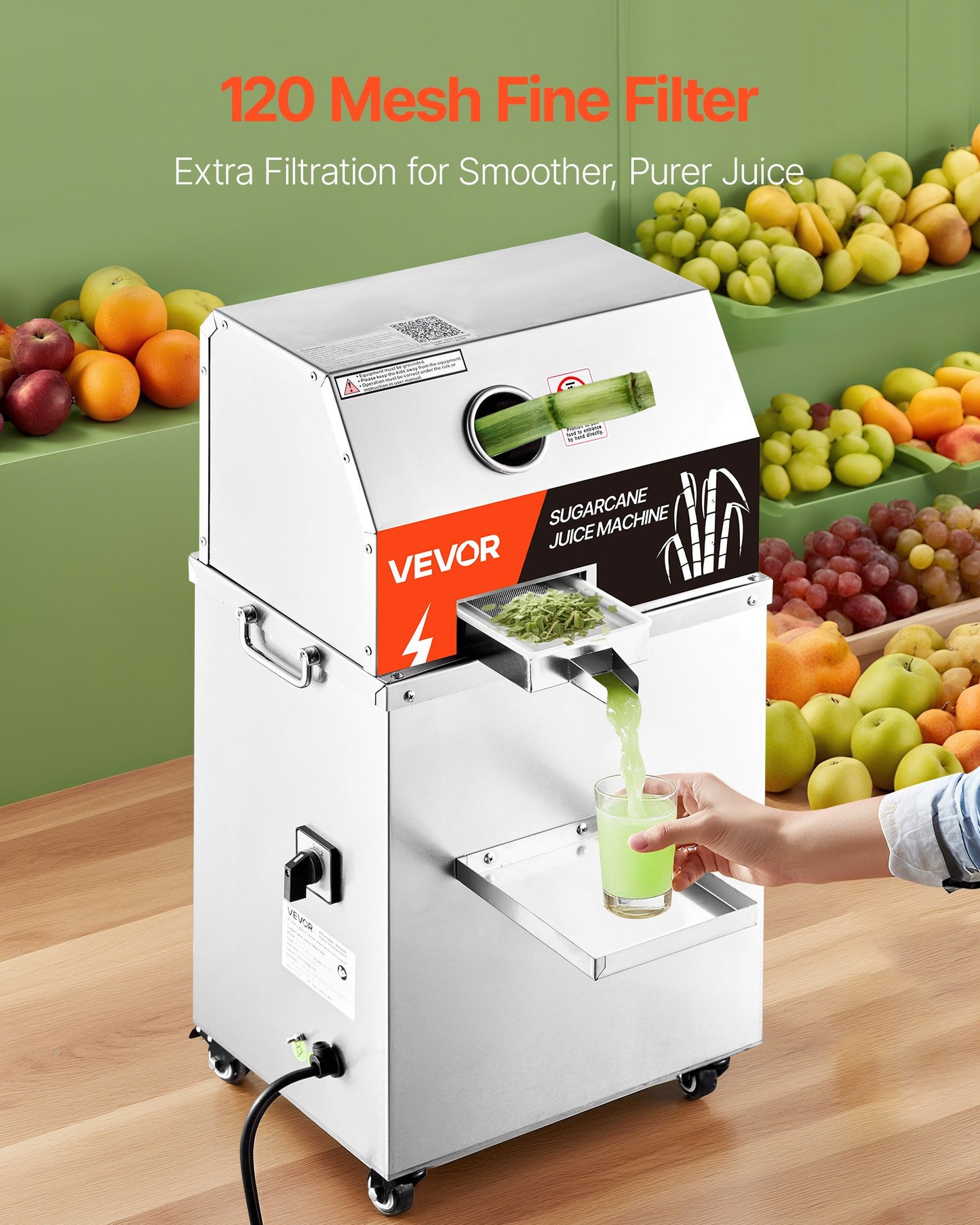 Commercial Sugar Cane Juicer, 800W Electric Sugarcane Juicer Machine with 661LBS/H High Output, 3 Stainless Steel Rollers, Sugar Cane Press Juice Extractor Squeezer on Wheels for Home/Commercial