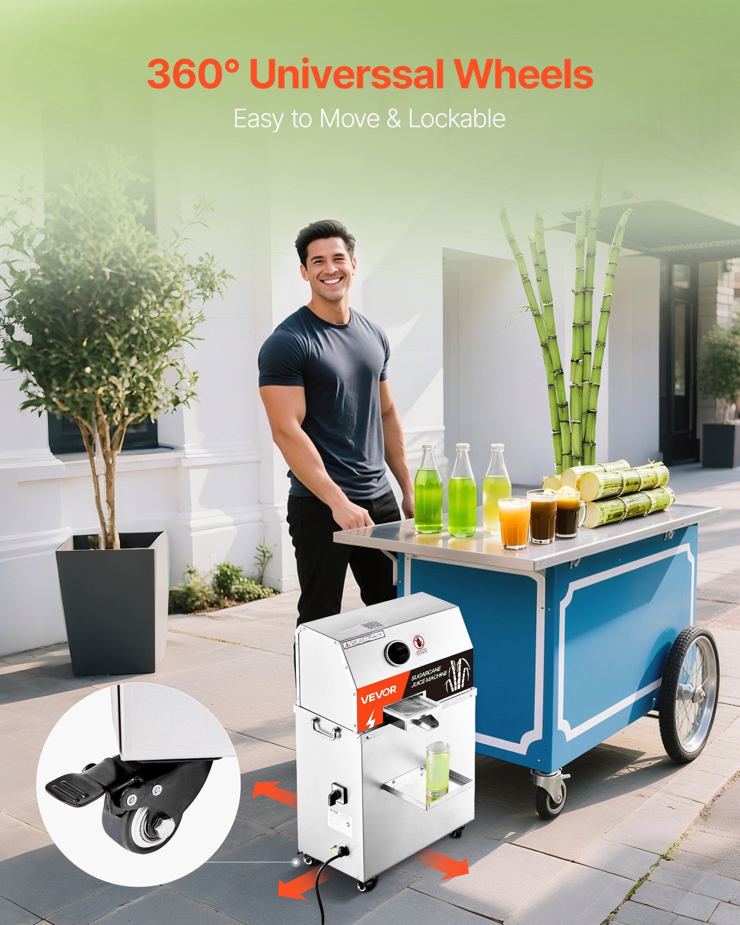 Commercial Sugar Cane Juicer, 800W Electric Sugarcane Juicer Machine with 661LBS/H High Output, 3 Stainless Steel Rollers, Sugar Cane Press Juice Extractor Squeezer on Wheels for Home/Commercial