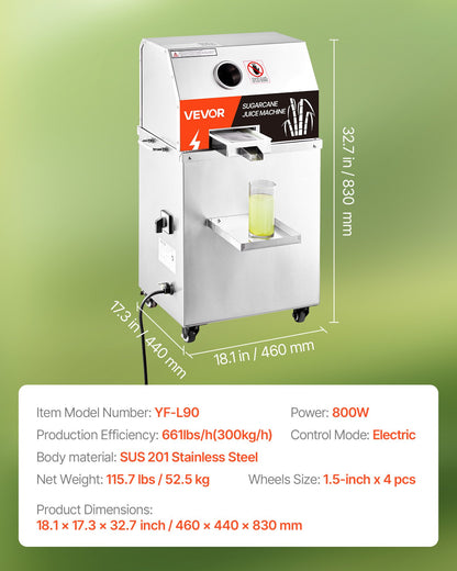 Commercial Sugar Cane Juicer, 800W Electric Sugarcane Juicer Machine with 661LBS/H High Output, 3 Stainless Steel Rollers, Sugar Cane Press Juice Extractor Squeezer on Wheels for Home/Commercial