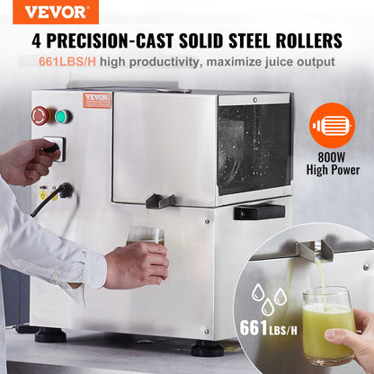 Electric Sugar Cane Juicer, 800W Sugarcane Juicer Machine with 661LBS/H High Output, 4 Stainless Steel Roller, Auto Roller Pressure Adjustment Sugarcane Juice Press Extractor for Home/Commercial