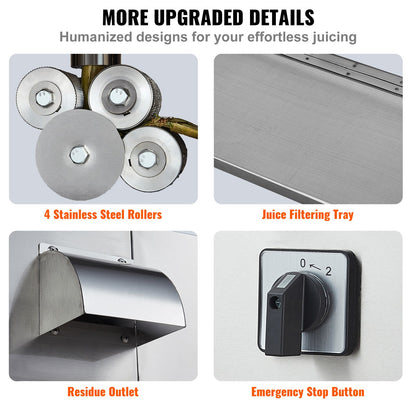 Electric Sugar Cane Juicer, 800W Sugarcane Juicer Machine with 661LBS/H High Output, 4 Stainless Steel Roller, Auto Roller Pressure Adjustment Sugarcane Juice Press Extractor for Home/Commercial