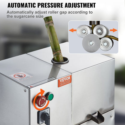 Elektrischer Zuckerrohr-Entsafter, 800 W, Leistung 661 Pfund/Stunde, 4 Rollen, 2,4 Zoll großer Einlass