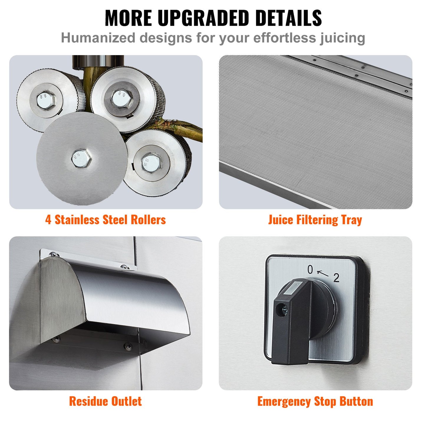 Elektrischer Zuckerrohr-Entsafter, 800 W, Leistung 661 Pfund/Stunde, 4 Rollen, 2,4 Zoll großer Einlass