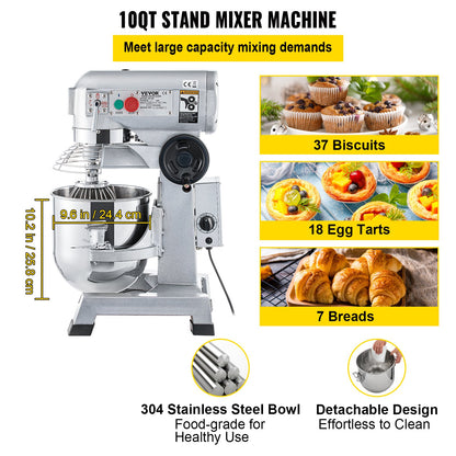 Commercial Food Mixer, 10Qt Commercial Mixer with Timing Function, 450W Stainless Steel Bowl Heavy Duty Electric Food Mixer Commercial with 3 Speeds Adjustable 113/184/341 RPM, Dough Hook Whisk Beater Included, Perfect for Bakery Pizzeria