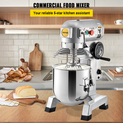 Commercial Stand Mixer, 10Qt rostfritt stål skål, 850W Heavy Duty elektrisk matmixer med 3 hastigheter justerbar 113/184/341 rpm, degkrok visp medföljer, perfekt för bageri pizzeria