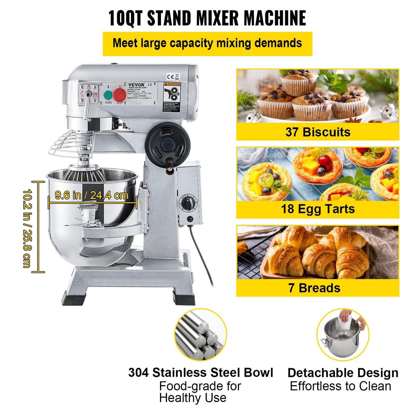 Commercial Stand Mixer, 10Qt rostfritt stål skål, 850W Heavy Duty elektrisk matmixer med 3 hastigheter justerbar 113/184/341 rpm, degkrok visp medföljer, perfekt för bageri pizzeria