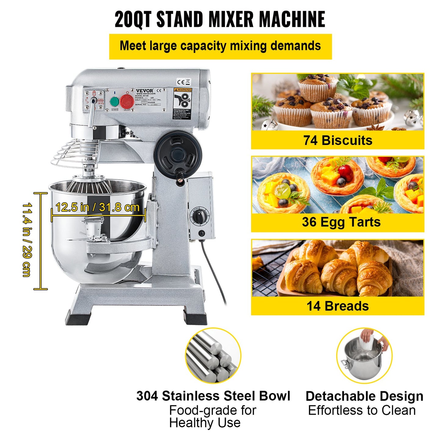 Commercial Food Mixer, 20Qt Commercial Mixer with Timing Function, 750W Stainless Steel Bowl Heavy Duty Electric Food Mixer Commercial with 3 Speeds Adjustable 108/199/382 RPM, Dough Hook Whisk