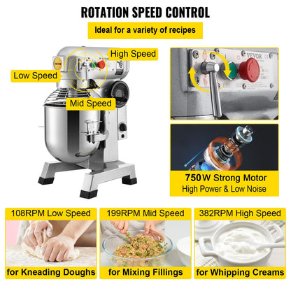 Commercial Food Mixer, 20Qt Commercial Mixer with Timing Function, 750W Stainless Steel Bowl Heavy Duty Electric Food Mixer Commercial with 3 Speeds Adjustable 108/199/382 RPM, Dough Hook Whisk