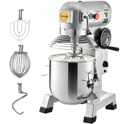 Commercial Food Mixer, 30Qt Commercial Mixer with Timing Function, 1100W Stainless Steel Bowl Heavy Duty Electric Food Mixer Commercial with 3 Speeds Adjustable 108/199/382 RPM, Dough Hook Whisk Beater Included, Perfect for Bakery Pizzeria