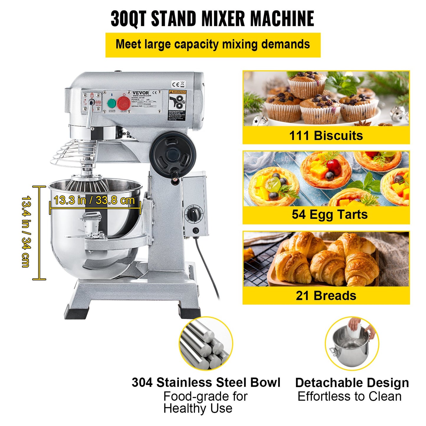 Commercial Stand Mixer, 30Qt Stainless Steel Bowl, 1500W Heavy Duty Electric Food Mixer with 3 Speeds Adjustable 108/199/382 RPM, Dough Hook Whisk Included, Perfect for Bakery Pizzeria