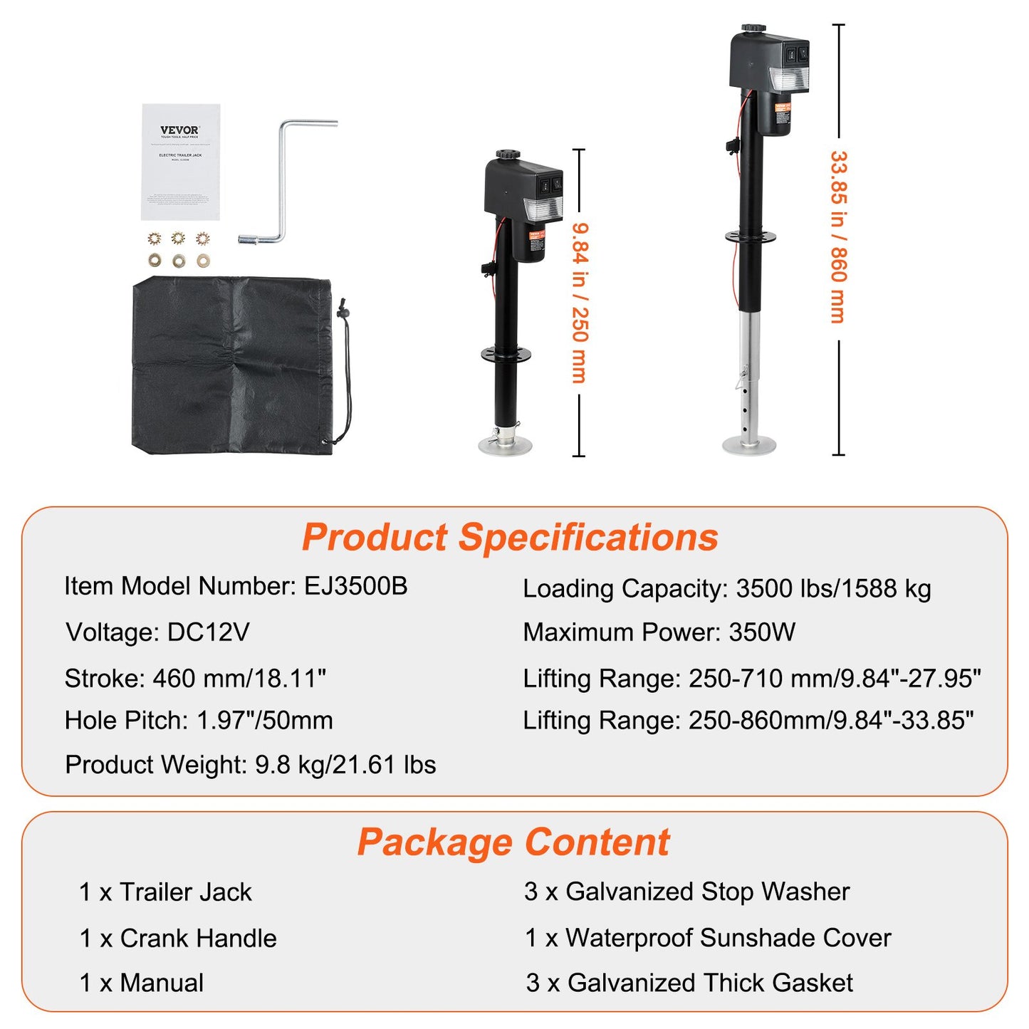 Electric Trailer Jack, Power Tongue Jack Weight Capacity 3500 lbs, 9.84"-33.85" Electric Tongue Jack with Waterproof Cover for Lifting RV Trailer, Horse Trailer, Utility Trailer, Yacht Trailer