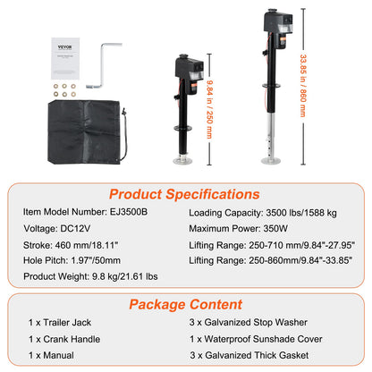 Electric Trailer Jack, Power Tongue Jack Weight Capacity 3500 lbs, 9.84"-33.85" Electric Tongue Jack with Waterproof Cover for Lifting RV Trailer, Horse Trailer, Utility Trailer, Yacht Trailer
