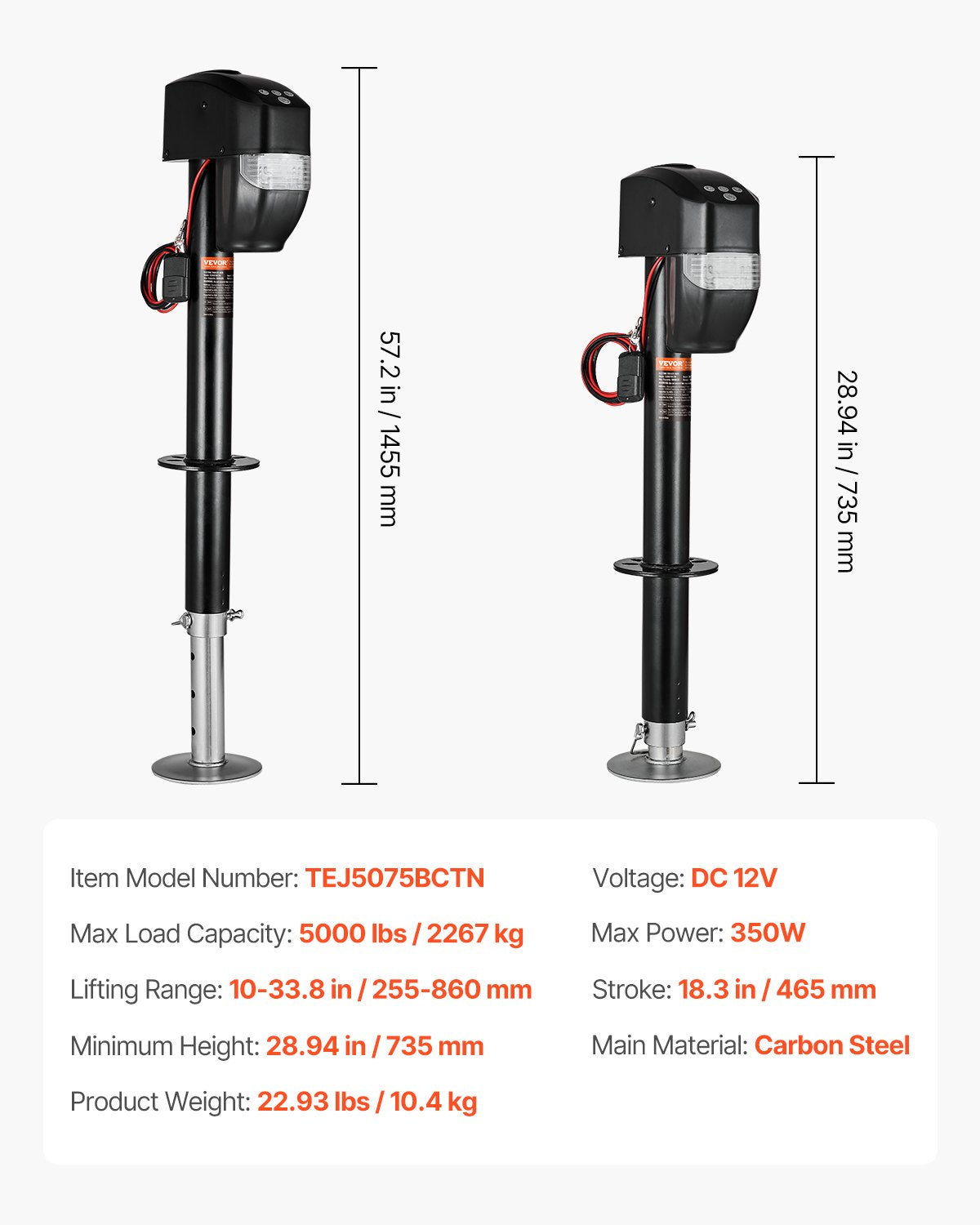 Electric Trailer Jack, 5000 lbs, Heavy Duty RV Electric Power Tongue Jack with 2 Way Connector, Remote Control, Crank Handle & Weatherproof Jack Cover, 10"-28.3" Lift, for Trailers & Campers