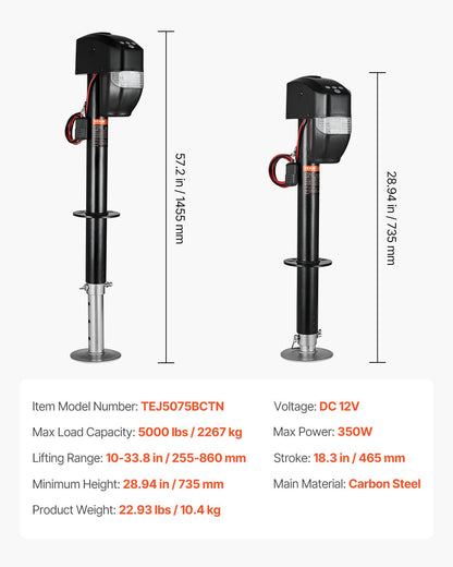 Electric Trailer Jack, 5000 lbs, Heavy Duty RV Electric Power Tongue Jack with 2 Way Connector, Remote Control, Crank Handle & Weatherproof Jack Cover, 10"-28.3" Lift, for Trailers & Campers