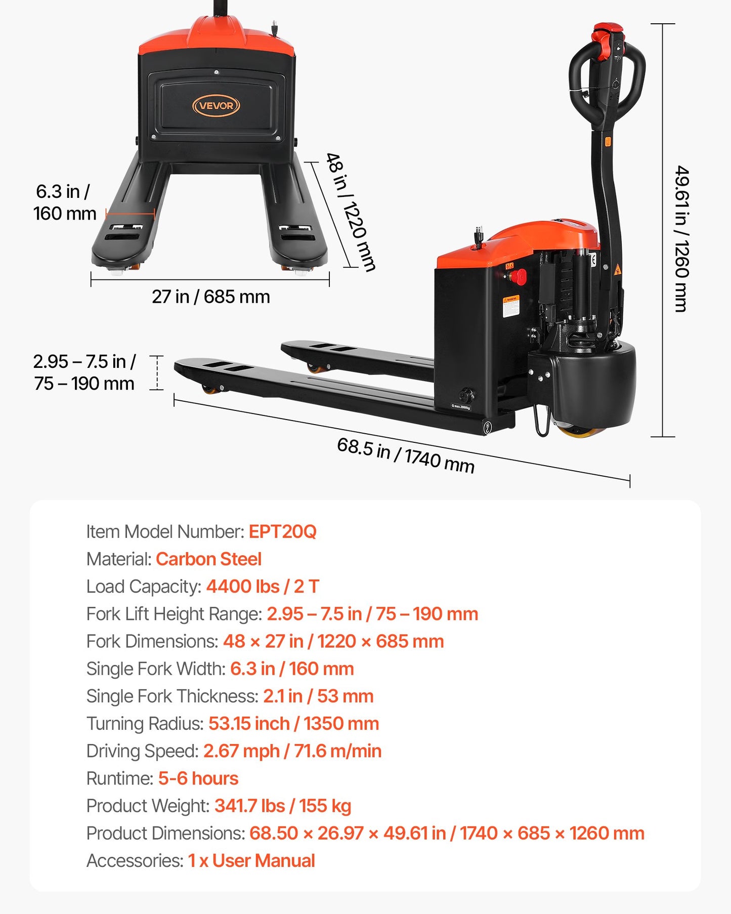 Electric Pallet Jack, 4400 lbs Load Capacity, Lithium Battery Powered Pallet Jack Truck with 48L x 27W Inch Forks for Material Handling, Suitable for Warehouse, Supermarket, Manufacturing