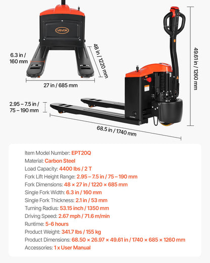 Electric Pallet Jack, 4400 lbs Load Capacity, Lithium Battery Powered Pallet Jack Truck with 48L x 27W Inch Forks for Material Handling, Suitable for Warehouse, Supermarket, Manufacturing