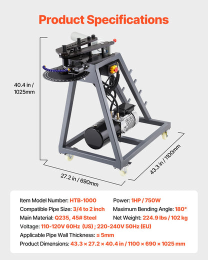 Electric pipe bending machine 750W pipe bender with 6L hydraulic cylinder