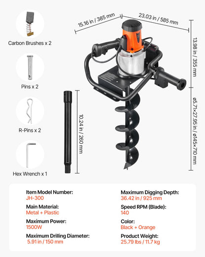 Electric Post Hole Digger, 5.71 in Auger Bit with 1500W Powerful Motor, 140 RPM Alloy Steel Earth Auger Drill Bit with 10.24 in Extension Rod, for Post Hole Digging, Drilling & Tree Planting