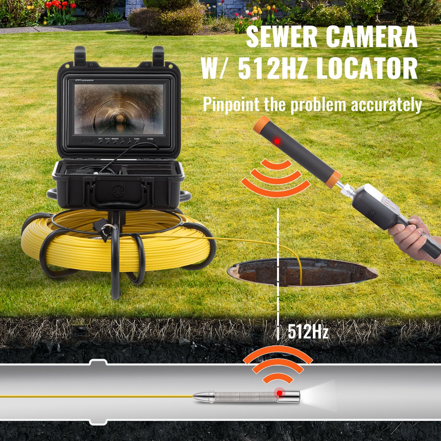 Sewer Camera Pipe Inspection Camera with 512 Hz Probe 9-inch 720p Display 300 Feet
