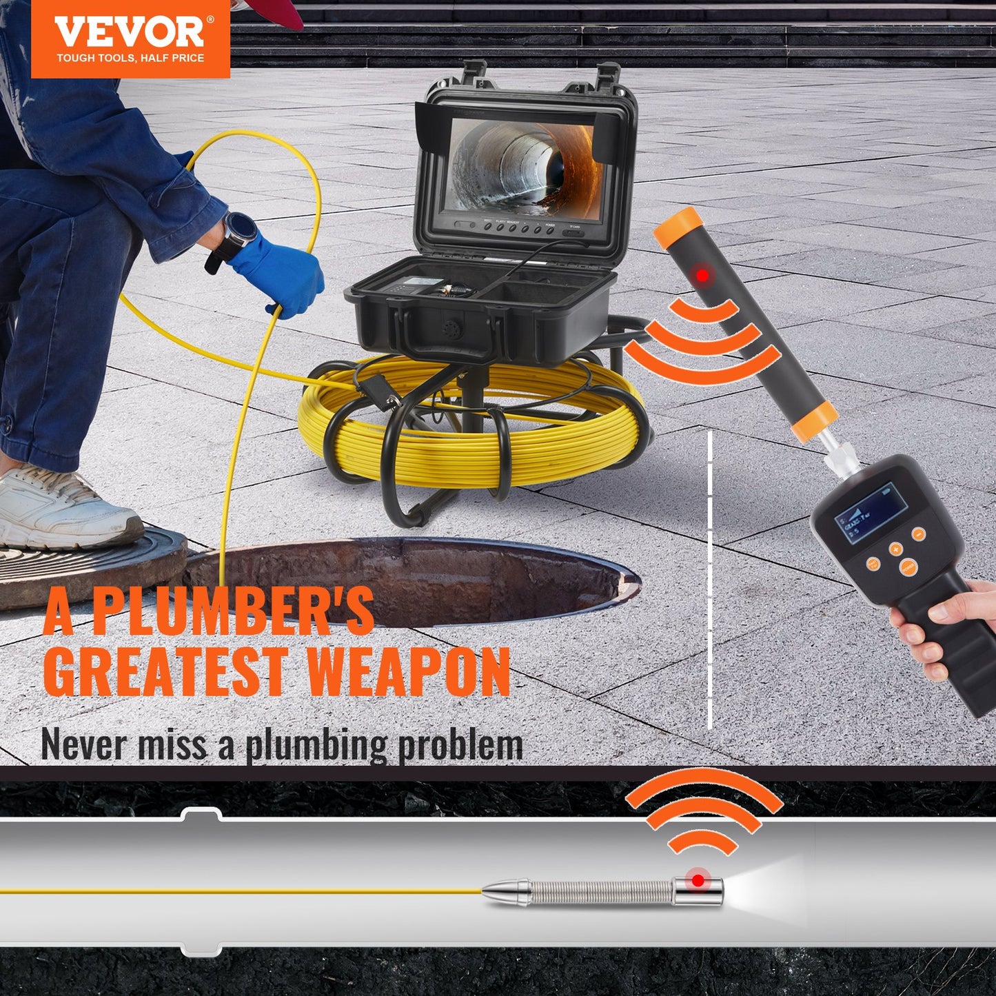 Sewer Camera Pipe Inspection Camera with 512 Hz Probe 9-inch 720p Display 165 Feet