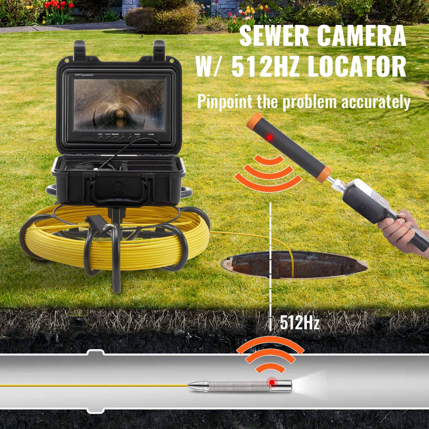 Sewer Camera Pipe Inspection Camera with 512 Hz Probe 9-inch 720p Display 165 Feet