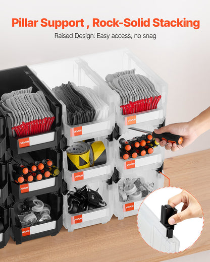 Plastic Stackable Storage Bins, 14.8 x 8.5 x 7.1 inch (12 Pack), Plastic Containers for Organizing & Storage Bins for Garage, Small Parts, Office Supplies, Other Accessories, Black & Transparent