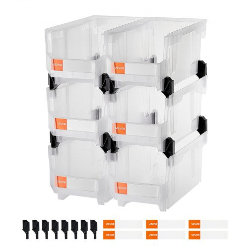 Plastic Stackable Storage Bins, 14.8 x 8.5 x 7.1 inch (6 Pack), Plastic Containers for Organizing & Storage Bins for Closet, Garage, Small Parts, Office Supplies, Other Accessories, Transparent