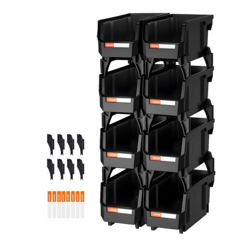Plastic Stackable Storage Bins, 10.9 x 5.5 x 5.1 inch (8 Pack), Plastic Containers for Organizing and Storage Bins for Closet, Garage, Small Parts, Office Supplies and Other Accessories, Black