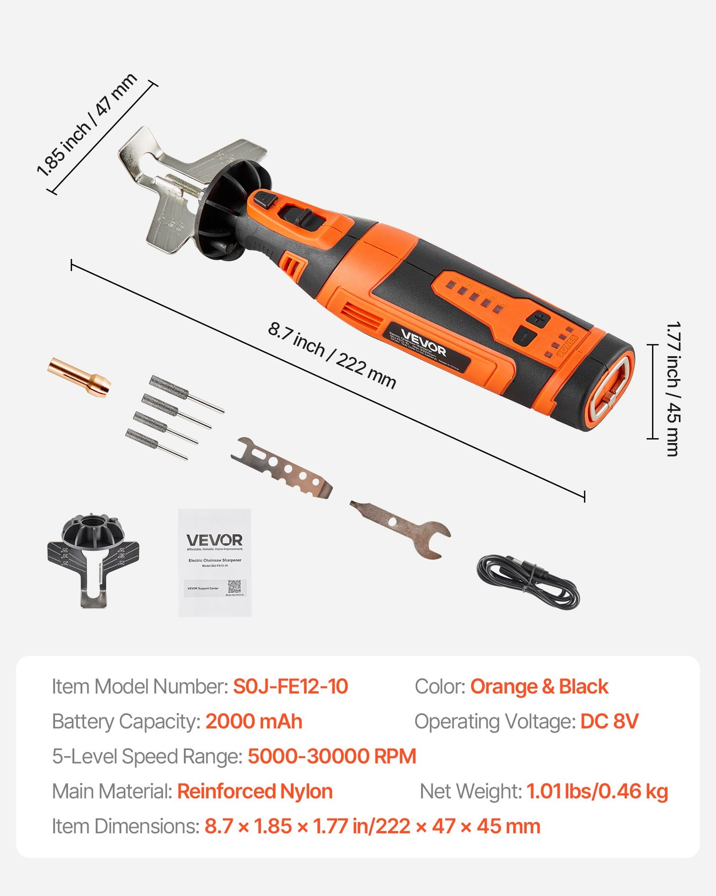 Cordless Chainsaw Sharpener, 5-Speed Adjustable Electric Saw Chain Sharpener 5000-30000 RPM, Rechargeable Handheld Chainsaw Sharpening Tool with 4 Sharpening Heads & Angle Guide Attachment