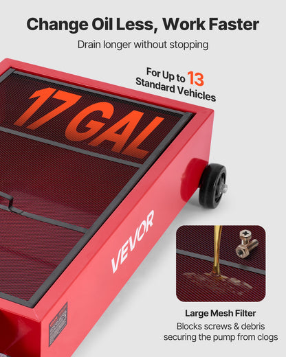 Low Profile Oil Drain Pan, 17 Gallon Capacity, Rolling Oil Drain Pan with Electric Pump, 7.2 ft Hose & T Folding Handle, Leak-proof & Corrosion-resistant, Fit for Cars, SUVs, Trucks, ATVs, Red
