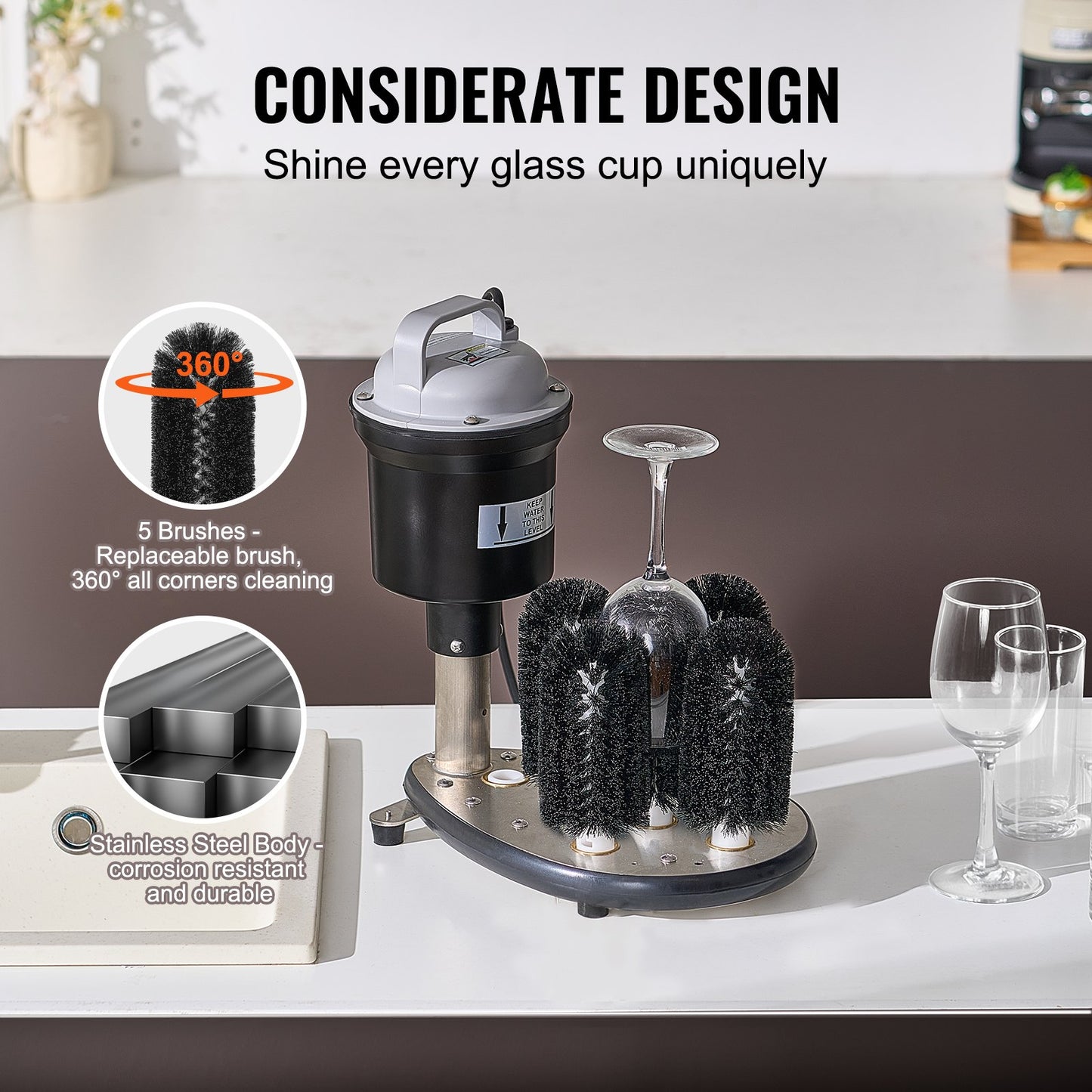 Electric glass washer 5-brushes Glass cleaner 1200 cups/h for wine glasses