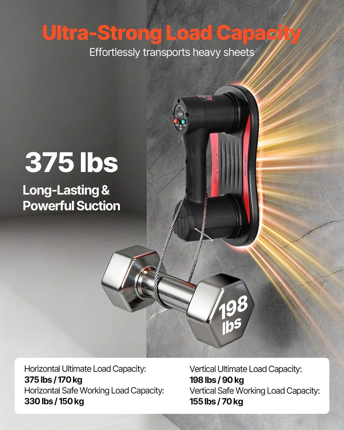 Electric Vacuum Suction Cup, 375 lbs Max Lifting Capacity, Vacuum Glass Lifter with Digital Display, Heavy Duty Tile Suction Cup Tool for Lifting Tile, Granite, Wood, Paver, Drywall, Windows