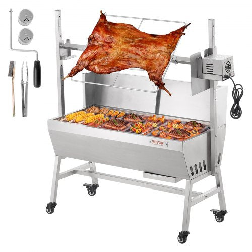 Rotisserie Grill with Windscreen, BBQ Whole Pig Lamb Goat Charcoal Spit Grill, 35 Inch 90 Lbs Capacity, Electric 42W Motor Stainless Steel Roaster with Lockable Wheels, for Camping Outdoor